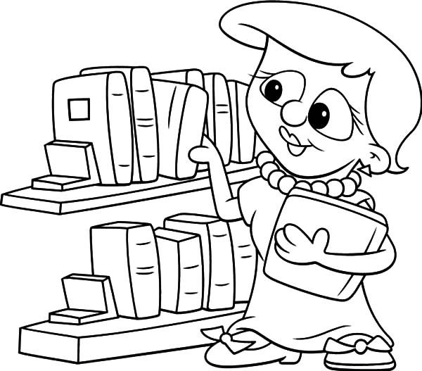 Picking Book In The Library Coloring Pages 600x527 Picking Book In The Library Coloring Pages