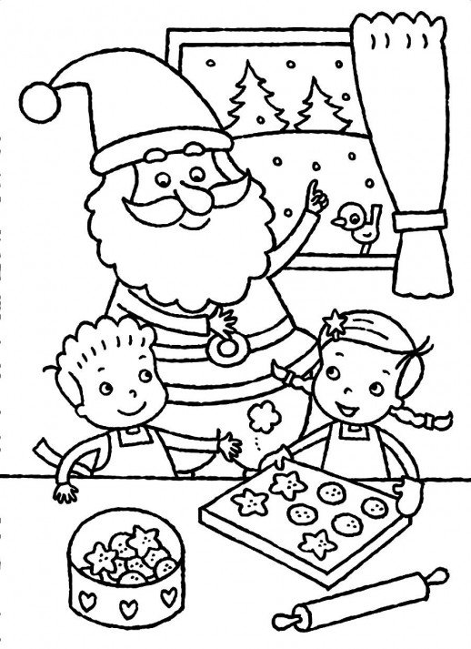 518x713 Santa Claus And The Kids Baking Christmas Cookies Coloring Pages