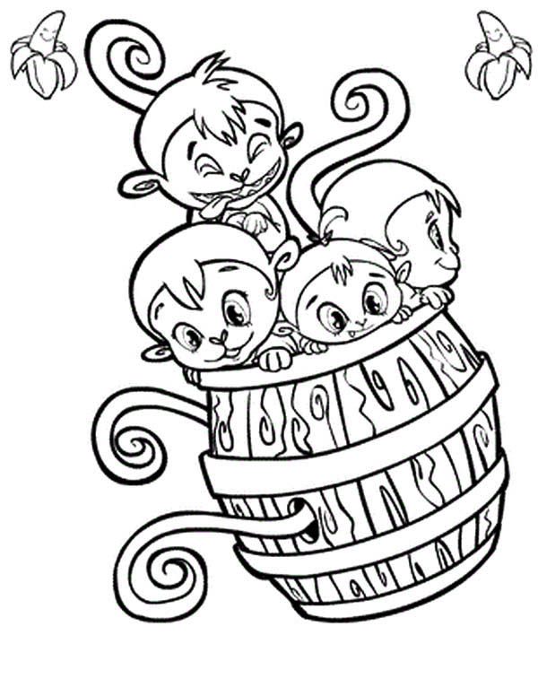 600x776 Four Monkey Play With A Wooden Barrel Coloring Page