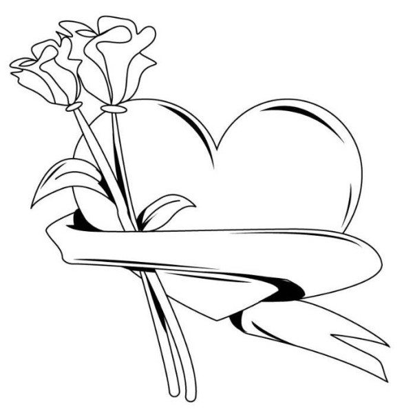 Valentine Heart With Roses Coloring Pages 600x609 Valentine Heart With Roses Coloring Pages