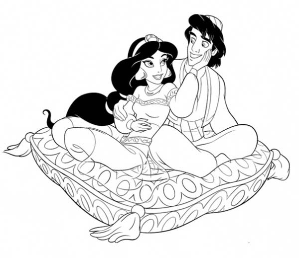 Aladdin And Princess Jasmine Sitting On A Pillow Coloring Page 600x519 Aladdin And Princess Jasmine Sitting On A Pillow Coloring Page