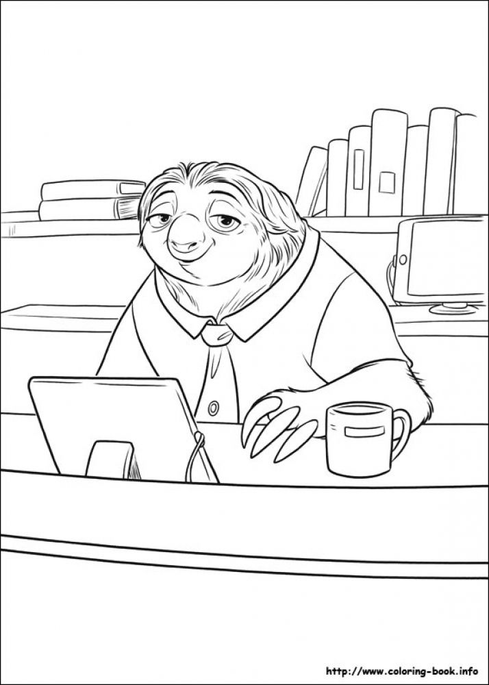 Flash Behind His Desk Difficult Disney Zootopia Coloring Pages 714x1000 Flash Behind His Desk Difficult Disney Zootopia Coloring Pages