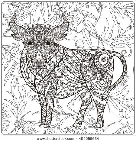 450x470 Cow On Floral Background. Coloring Book For Adult And Older