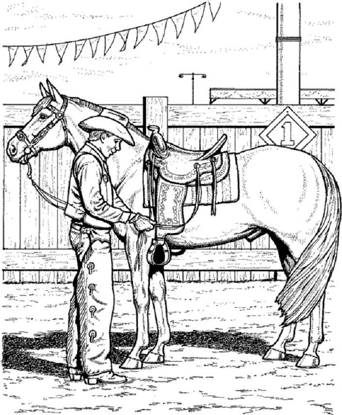 705x855 Horse Coloring Page Of Cowboy Adjusting Saddle