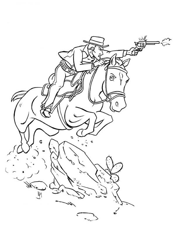 Cowboy Shooting Bad Guy While Riding Horse Coloring Page 600x776 Cowboy Shooting Bad Guy While Riding Horse Coloring Page
