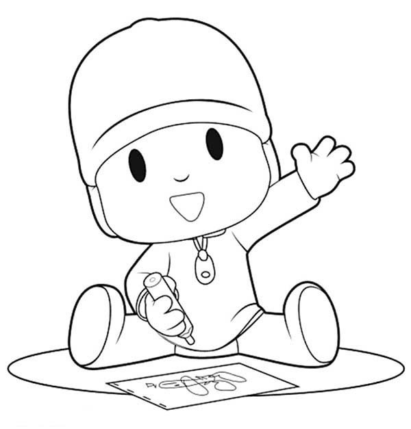 600x627 Pocoyo Is Drawing With Crayon Coloring Page Color Luna