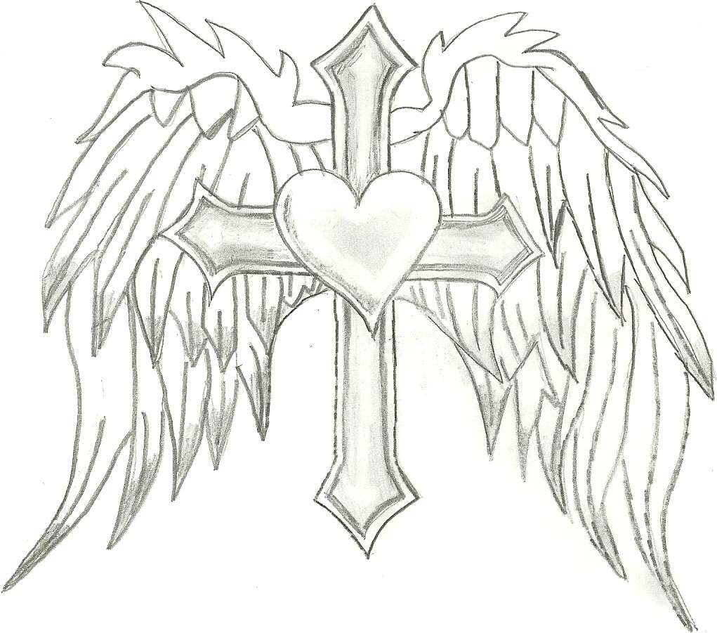 Heart With Wings And Cross Drawings 1021x901 Heart With Wings And Cross Drawings