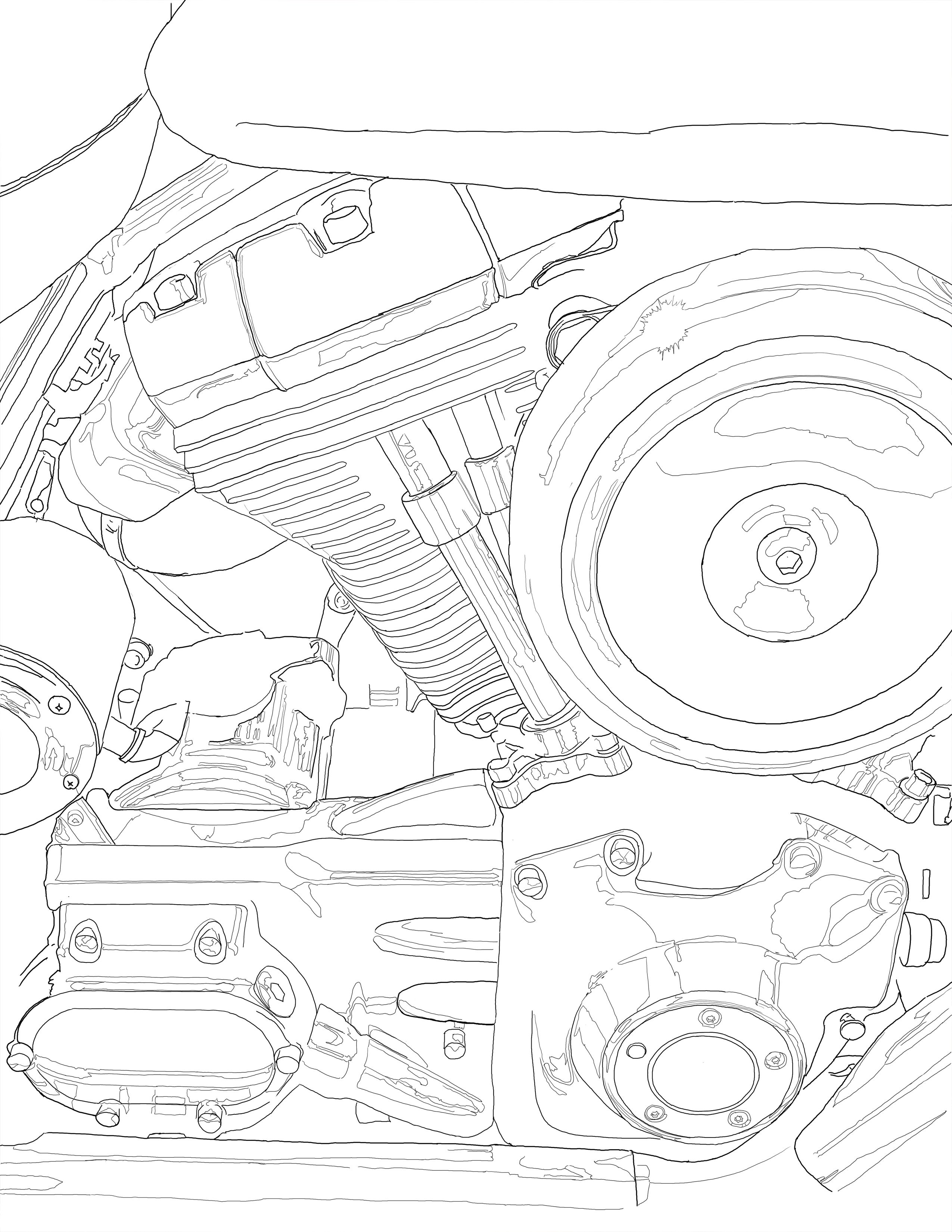 2550x3300 Motorcycle Engine Close Up. Adult Coloring Pages