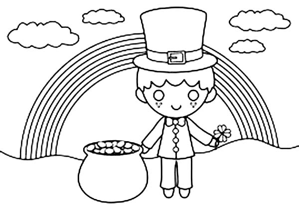 600x417 Cute Kid Under The Rainbow In St Patricks Day Coloring Page