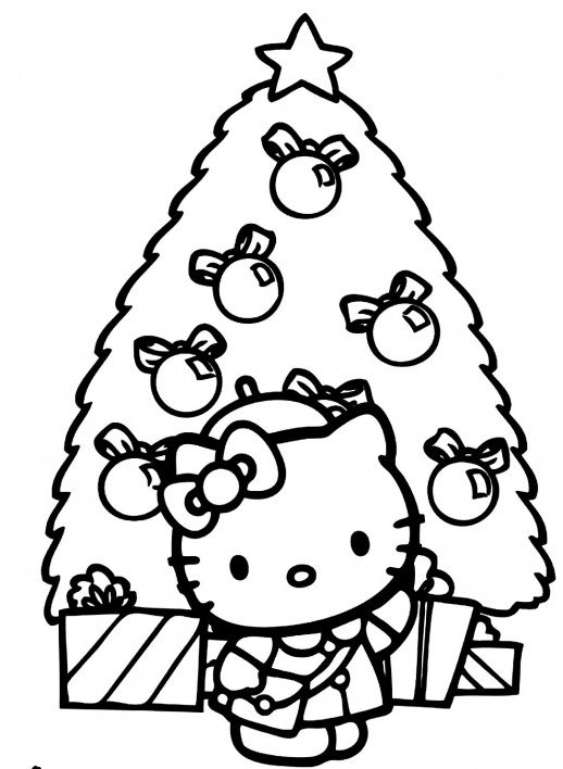 Kitty Standing In Front Of Big Christmas Tree Coloring Pages 518x708 Kitty Standing In Front Of Big Christmas Tree Coloring Pages