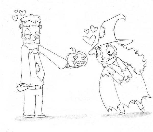 Frankenstein In Love With Cute Witch Coloring Page 600x518 Frankenstein In Love With Cute Witch Coloring Page