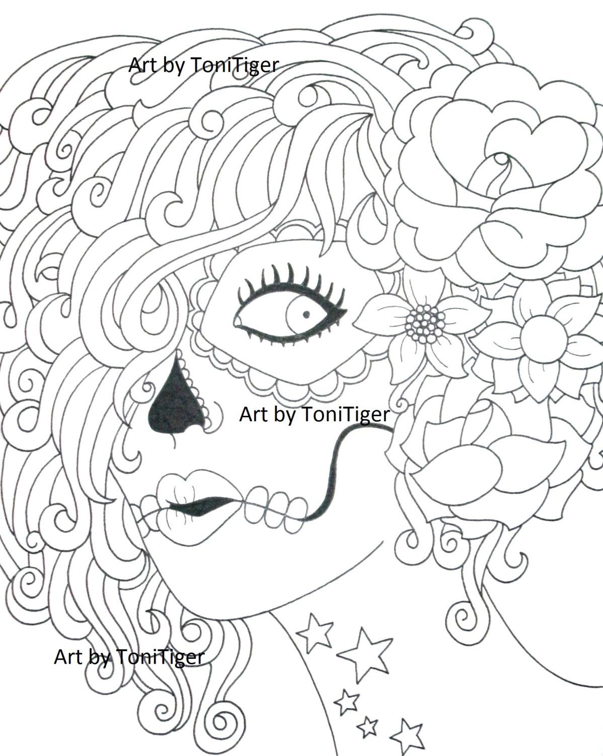 1198x1500 Instant Digital Download Coloring Page Sugar Skull Girl, Original