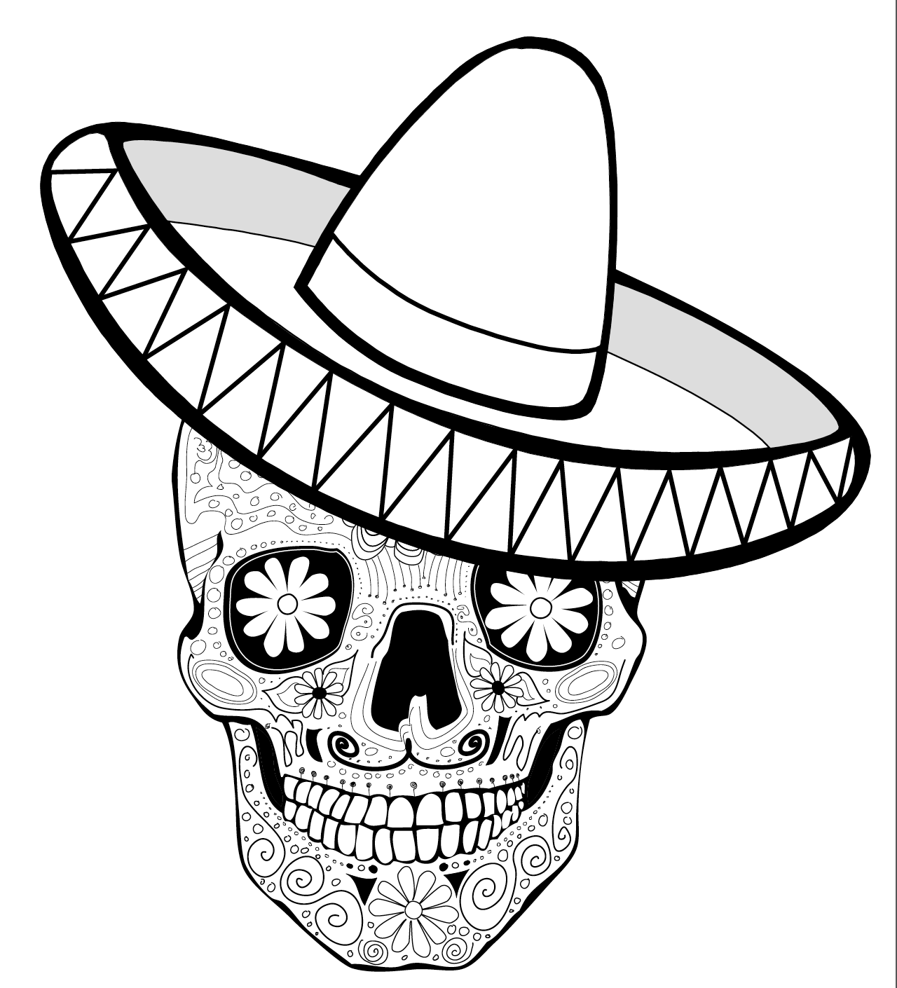 1280x1410 Coloring Page, De Los Muertos, Calaca With Sombrero Dia De