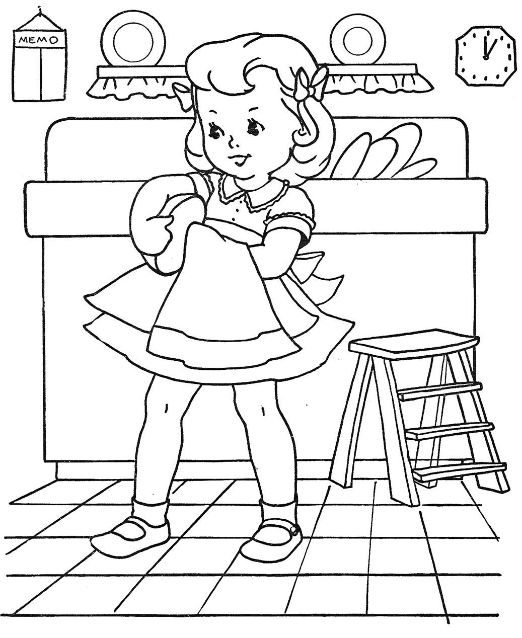 1037x1268 Girl Washing Dishes, Drawing By Mary Alice Stoddard Embroidery