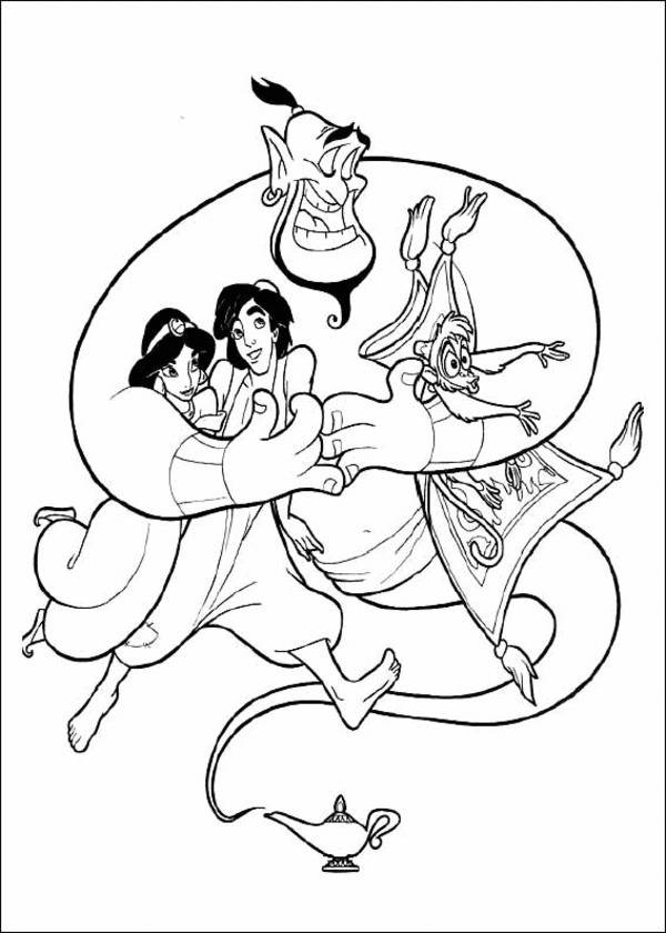 Princess Jasmine, Aladdin, Genie And Monkey Disney Coloring Page 600x840 Princess Jasmine, Aladdin, Genie And Monkey Disney Coloring Page
