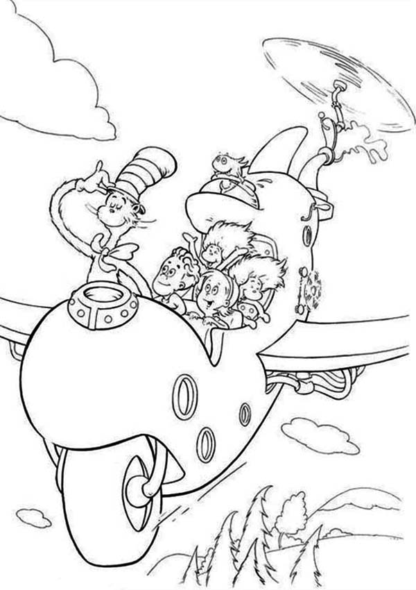 Dr Seuss The Cat In The Hat Flying With Wierd Airplane Coloring 600x850 Dr Seuss The Cat In The Hat Flying With Wierd Airplane Coloring