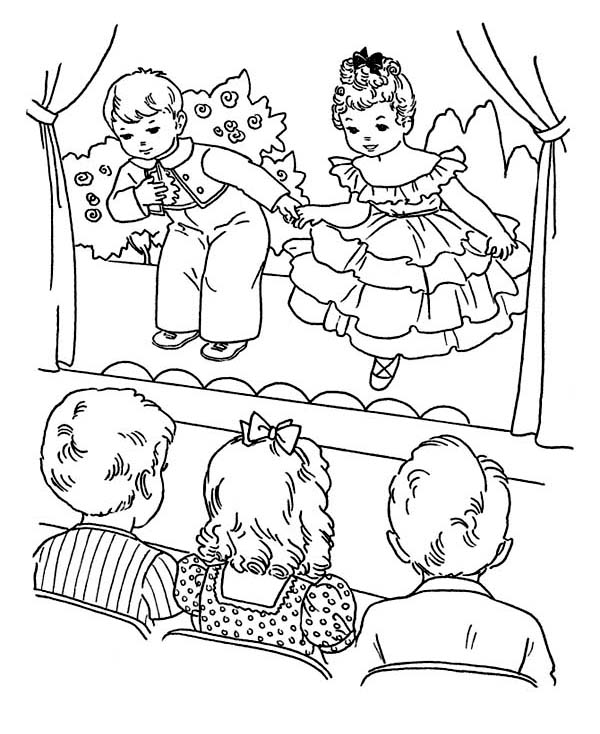 600x734 Kids Playing Drama On Winter School Performing Coloring Page