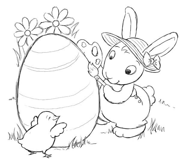 Little Chick Helping Easter Bunny Decorated Easter Egg Coloring 600x537 Little Chick Helping Easter Bunny Decorated Easter Egg Coloring