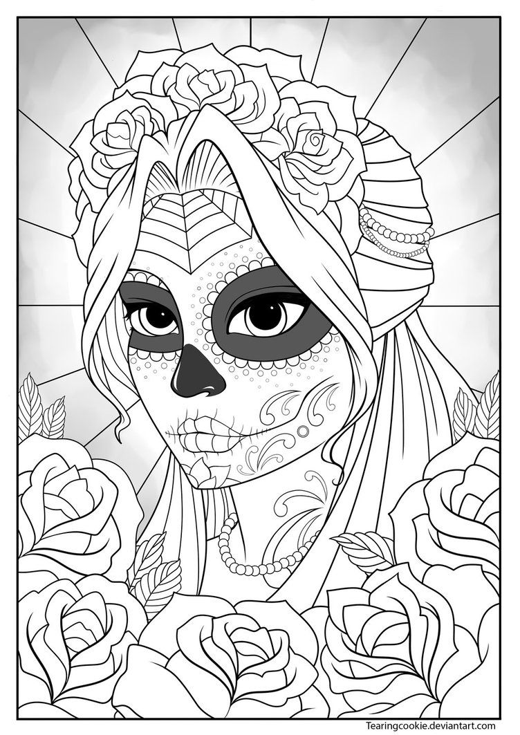 752x1063 Sugar Skull Girl Colouring Page By Tearingcookie