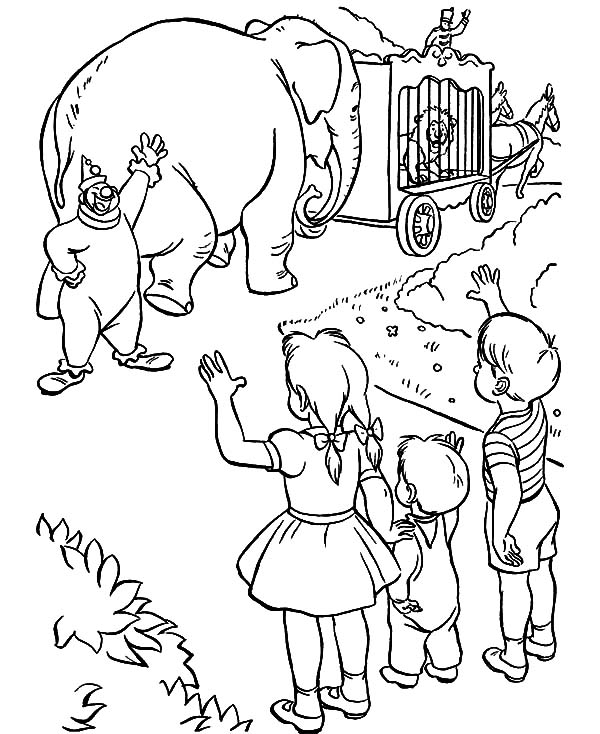 600x734 Kids Saying Goodbye To Circus Elephant Coloring Pages Kids Saying