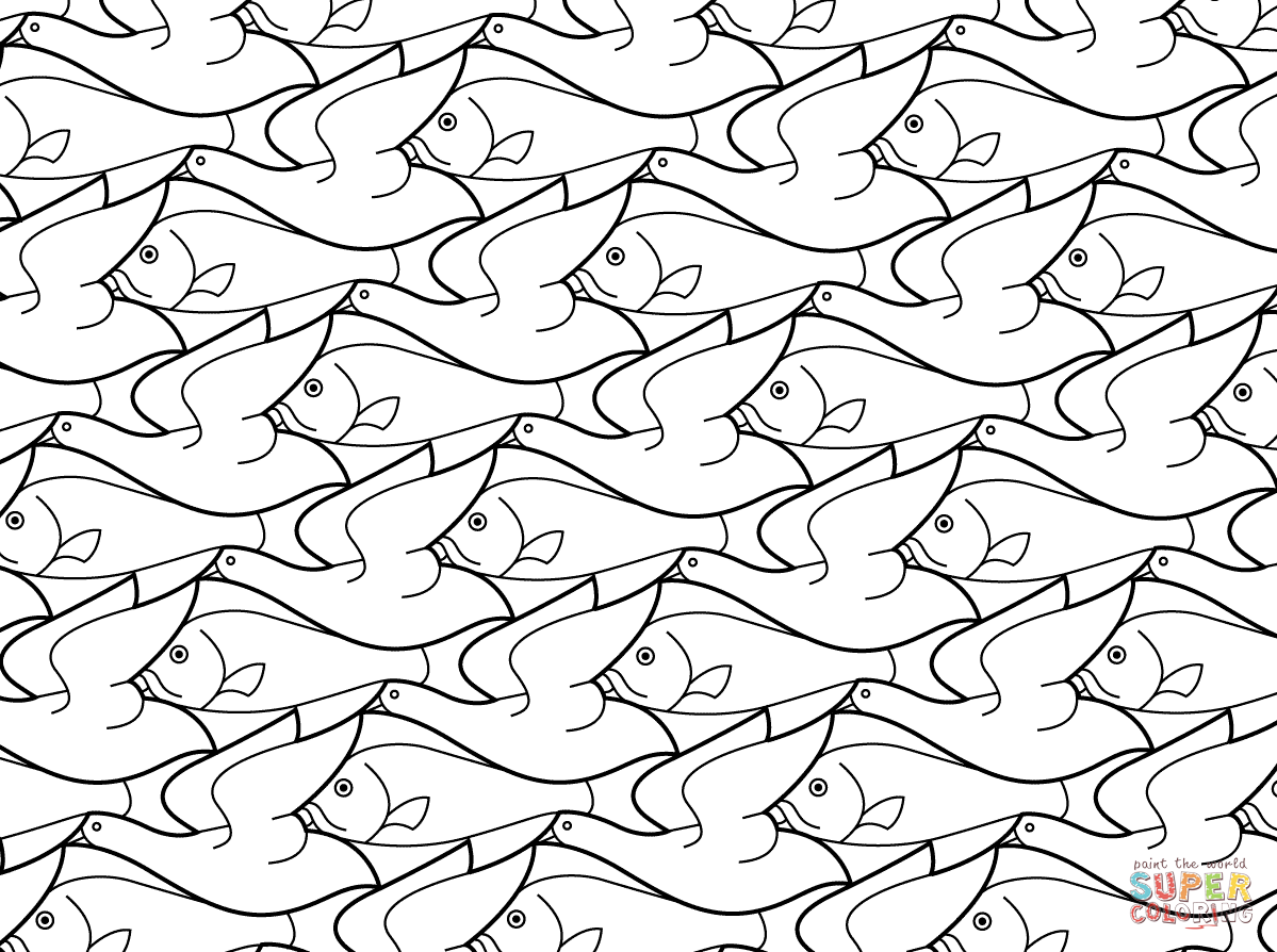 1199x894 Bird Fish Tessellation By M.c. Escher Coloring Page