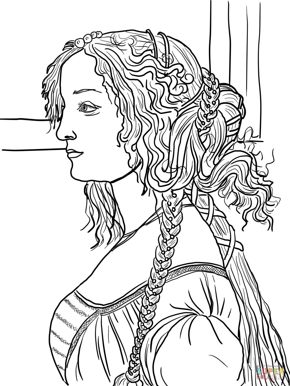 1201x1600 Portrait Of Simonetta Vespucci By Sandro Botticelli Coloring Page