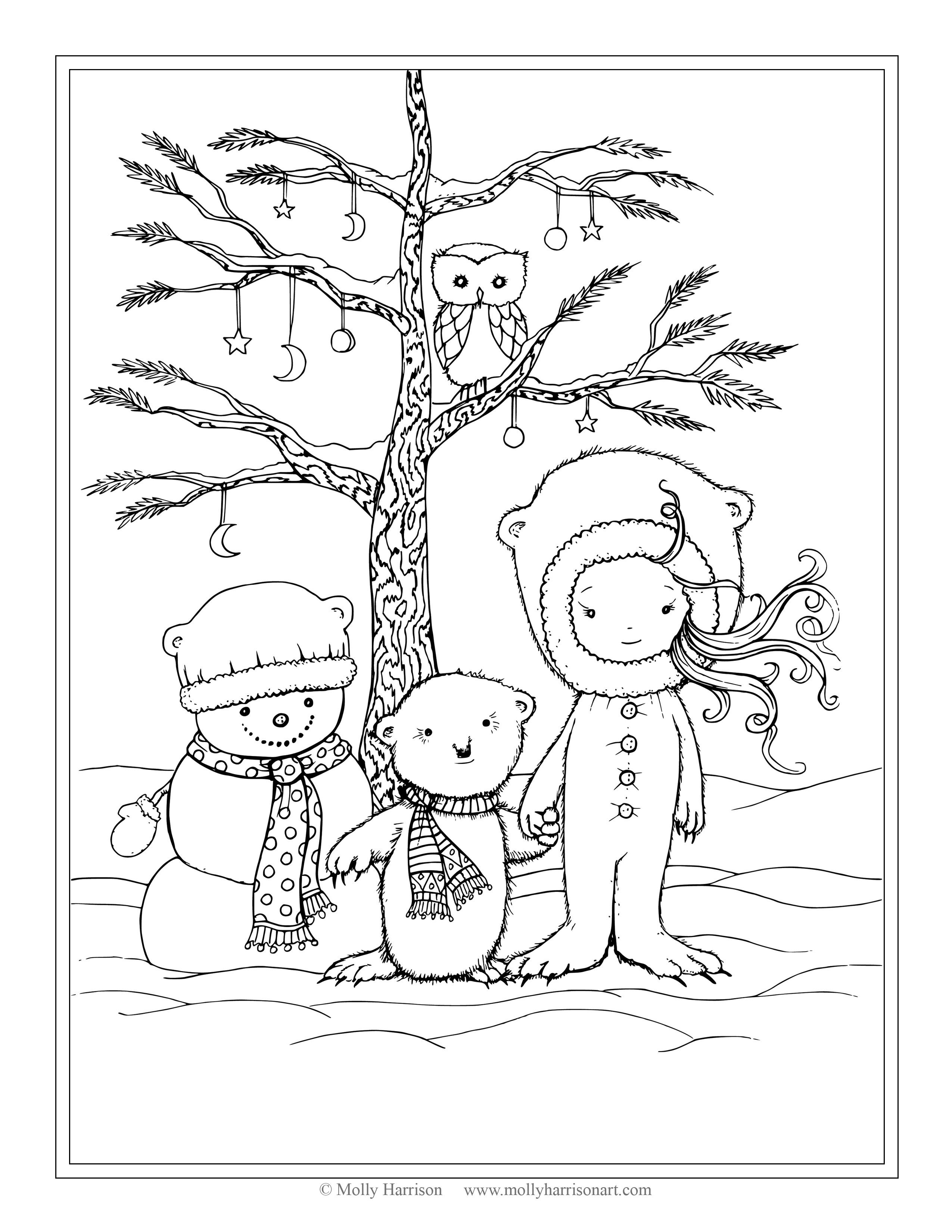 Free Winter Scene Coloring Page Snowman Polar Bear Little Girl 2550x3300 Free Winter Scene Coloring Page Snowman Polar Bear Little Girl