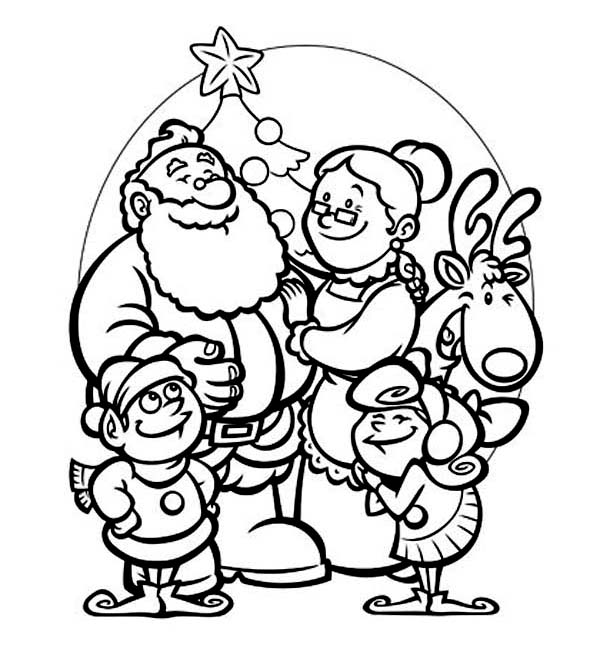 All Members Of Santas Family Celebrating Christmas Coloring Page 600x650 All Members Of Santas Family Celebrating Christmas Coloring Page