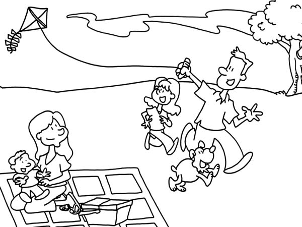 600x450 Father And His Daughter Playing Kite In Picnic Coloring Page
