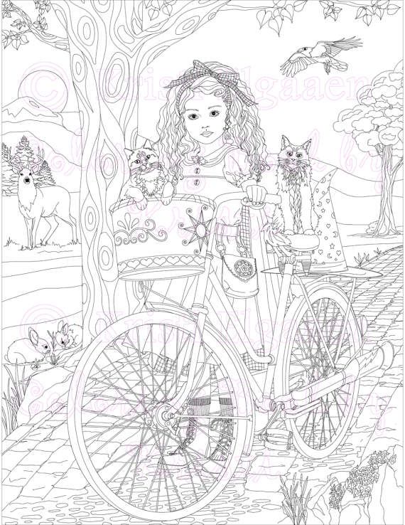 570x738 Fantasy Art, Adult Coloring Page, Bicycle, Cat Coloring Page