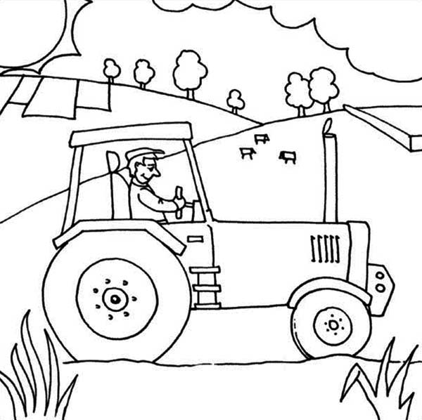 600x598 Farmer Ride Tractor Coloring Page