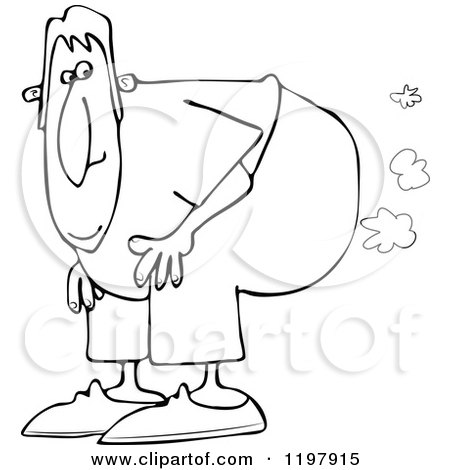450x470 Cartoon Of An Outlined Man Bending Over With Fart Clouds