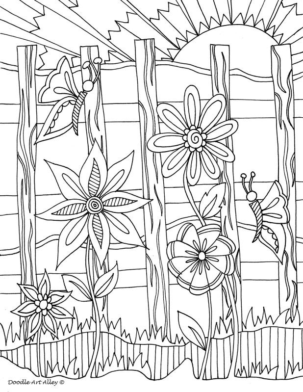 618x799 Flowers Along The Fence Adult Coloring Pages