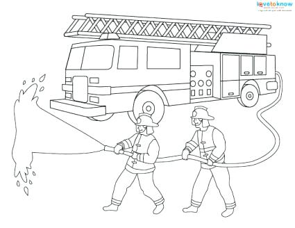 Fire Engine Coloring Pages Fire Fighters With Hose A Fire Engine 425x328 Fire Engine Coloring Pages Fire Fighters With Hose A Fire Engine