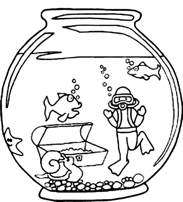 Fish And Diver In Fish Bowl Coloring Page 600x662 Fish And Diver In Fish Bowl Coloring Page