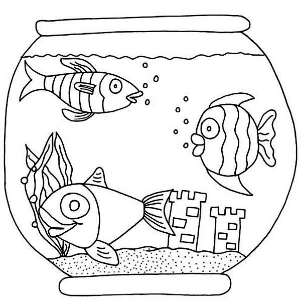 600x610 Three Fish With Castle In Fish Bowl Coloring Page