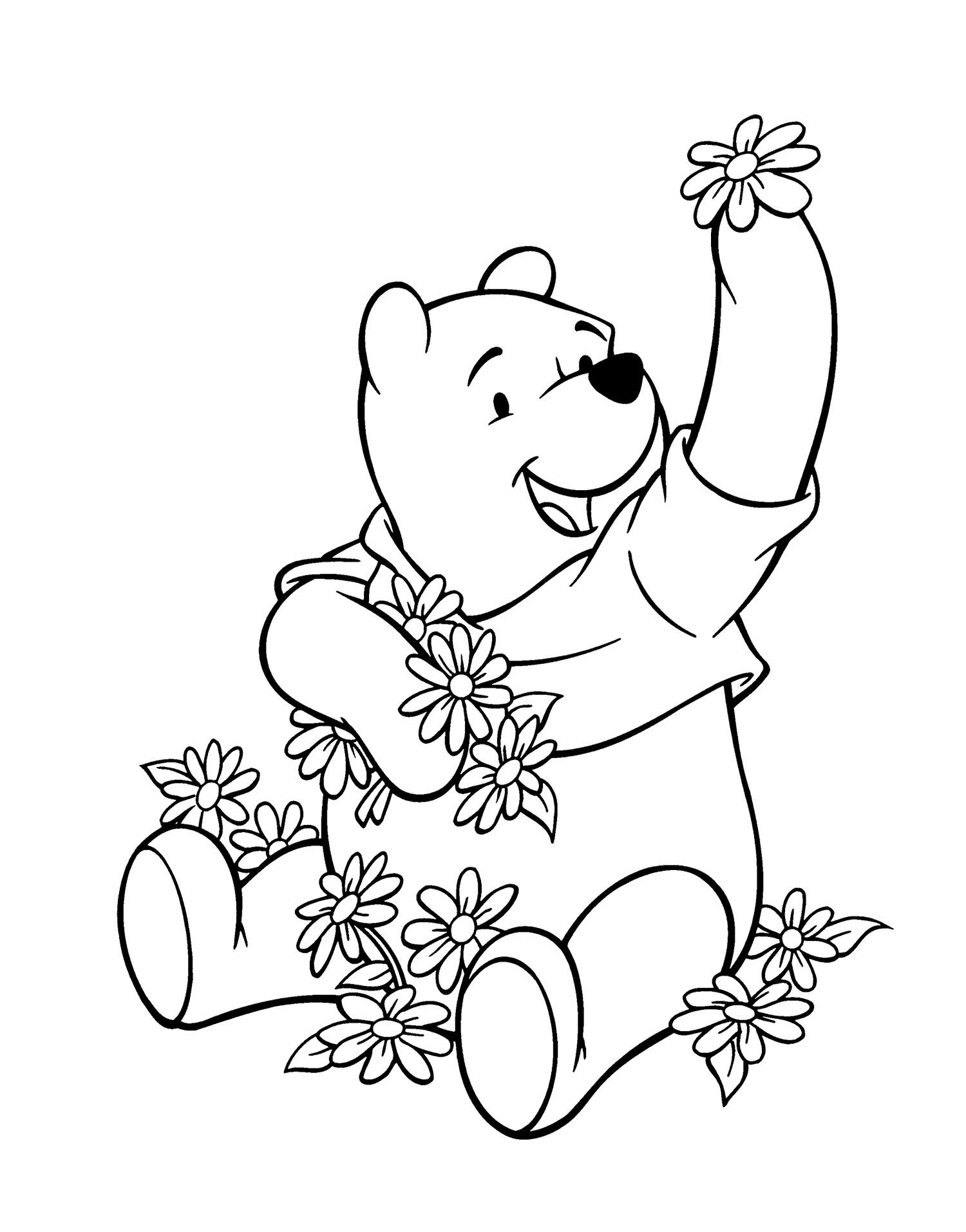 Winnie Pooh And Many Flowers Coloring Page Winnie 1500x1913 Winnie Pooh And Many Flowers Coloring Page Winnie