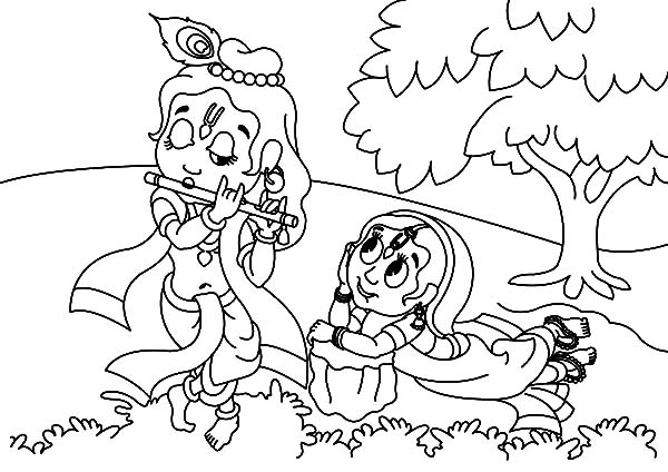 Radha Watching Krishna Play Her A Song With Flute Coloring Pages 600x424 Radha Watching Krishna Play Her A Song With Flute Coloring Pages