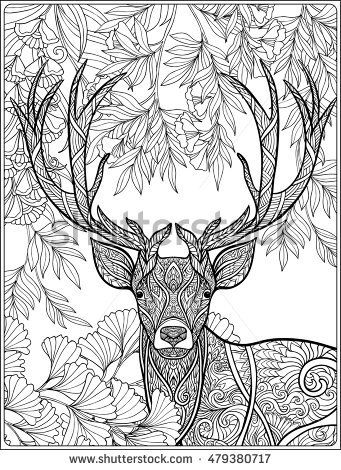 Coloring Page With Deer In Forest. Coloring Book For Adult 341x470 Coloring Page With Deer In Forest. Coloring Book For Adult