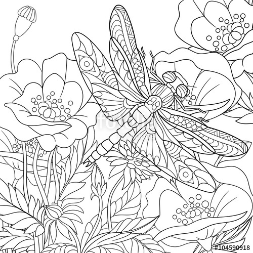 500x500 Zentangle Stylized Cartoon Dragonfly Insect Is Flying Around Poppy