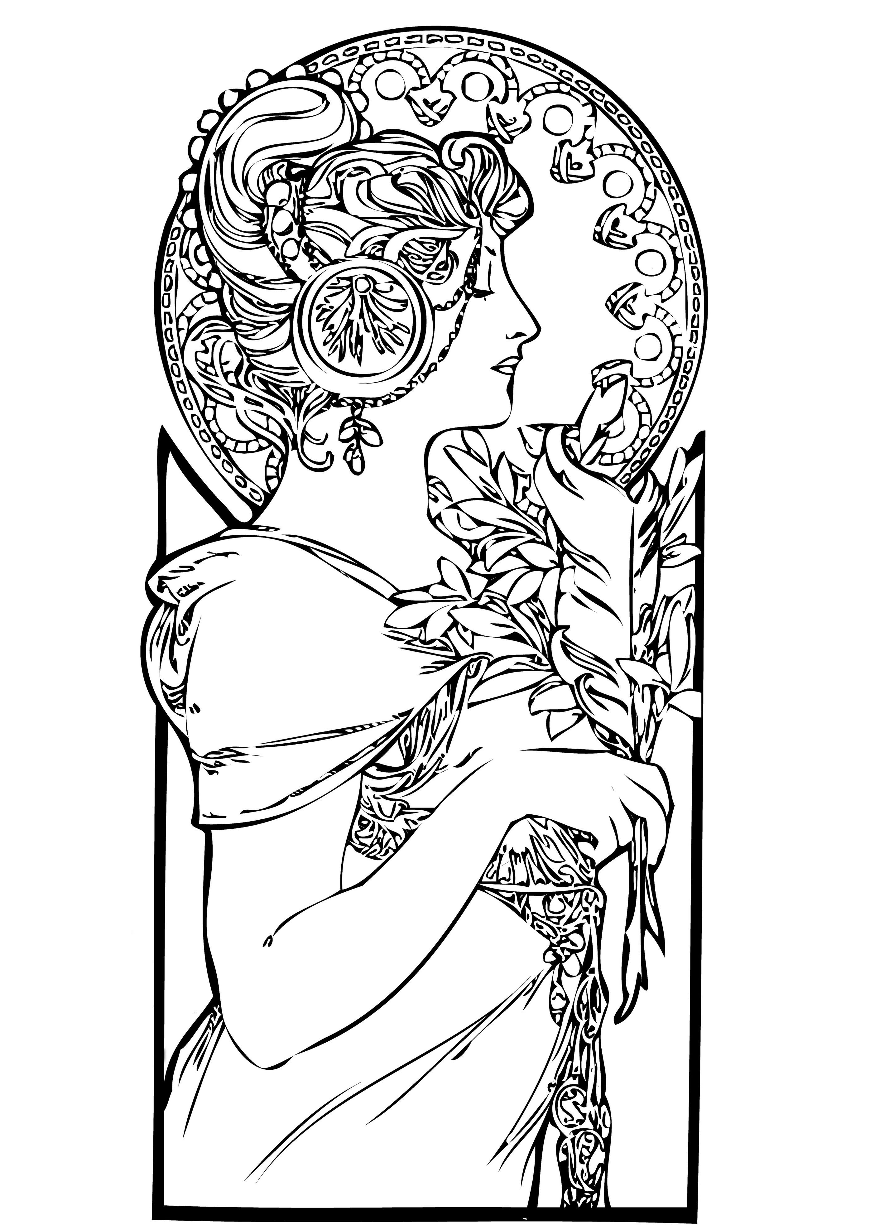 2791x3945 Free Coloring Page Coloring Adult Femme Art Nouveau. A Beautiful