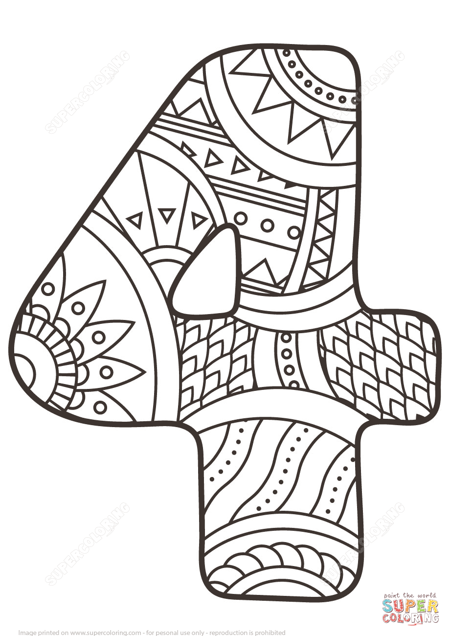 Number 4 Zentangle Coloring Page Free Printable Pages Inside 920x1300 Number 4 Zentangle Coloring Page Free Printable Pages Inside