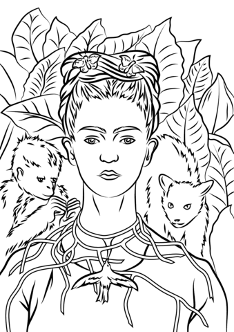 339x480 Self Portrait With Necklace Of Thorns By Frida Kahlo Coloring Page