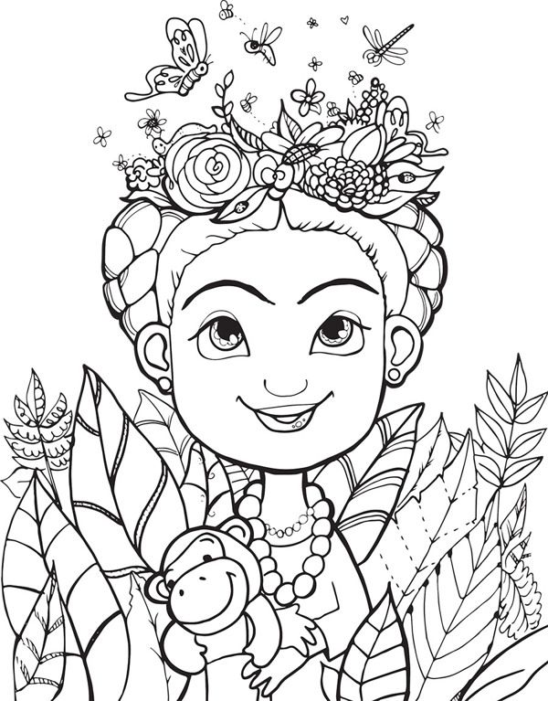 600x767 Coloring Page Inspired By Frida Kahlo As Springtime Fairy. Frida