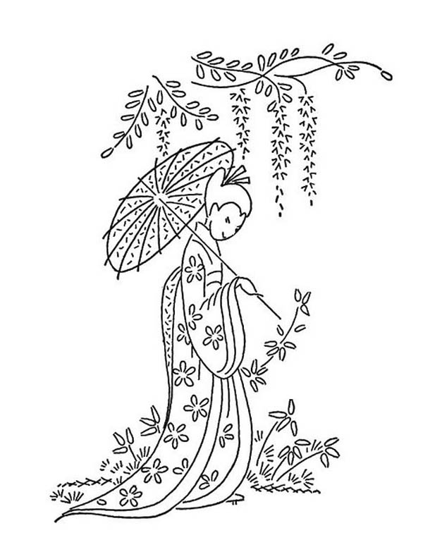 Geisha Under Blooming Tree Coloring Page 600x793 Geisha Under Blooming Tree Coloring Page