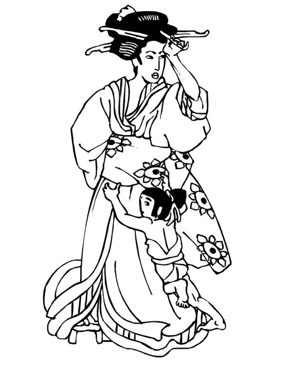 Geisha In Classic Drawing Coloring Page 600x776 Geisha In Classic Drawing Coloring Page