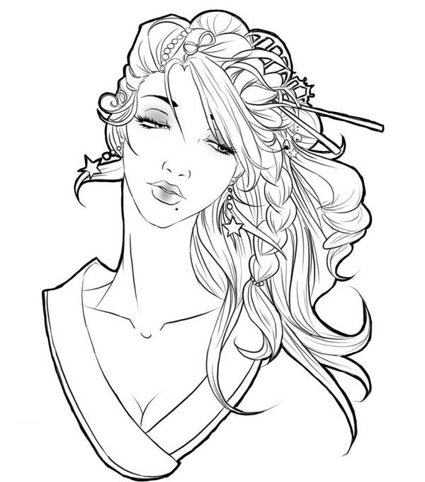 Beautiful Geisha Coloring Page 600x680 Beautiful Geisha Coloring Page