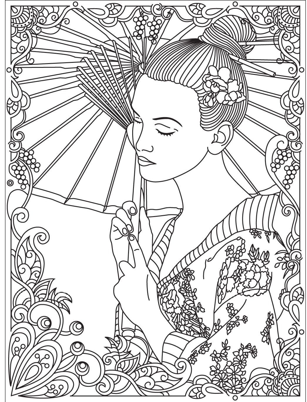 Marvelous Japan Geisha With Fan By Krystsina Birukova Coloring 1045x1369 Marvelous Japan Geisha With Fan By Krystsina Birukova Coloring