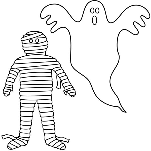 Mummy And White Ghost Coloring Page 600x600 Mummy And White Ghost Coloring Page