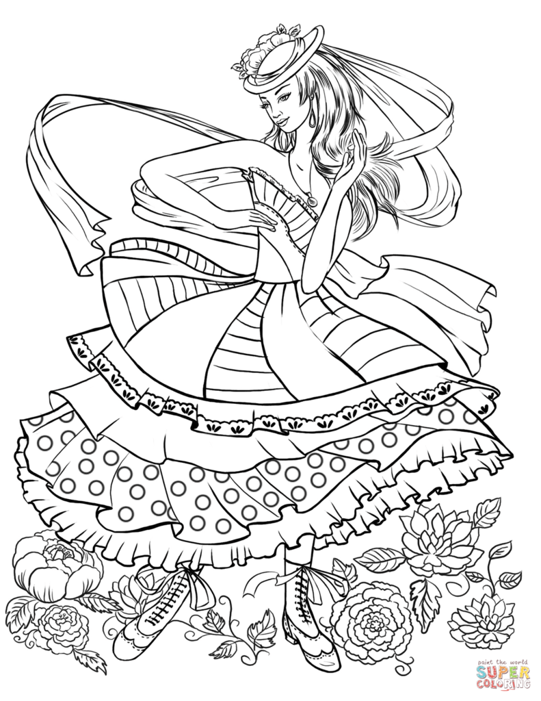 Girl Dancing In A Vintage Fashion Clothing Coloring Page 791x1024 Girl Dancing In A Vintage Fashion Clothing Coloring Page